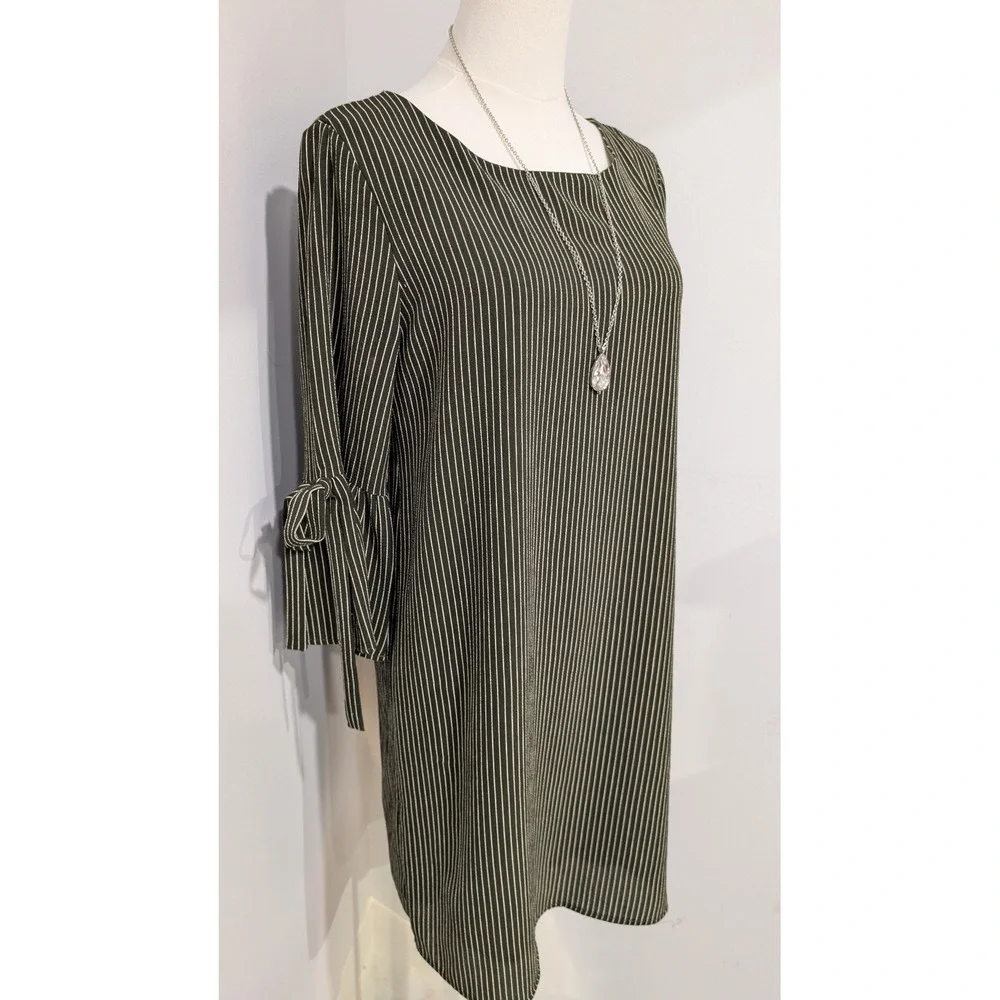 Anthropologie Everly Womens Striped A Line Dress Olive Green Sleeve Tie Size S